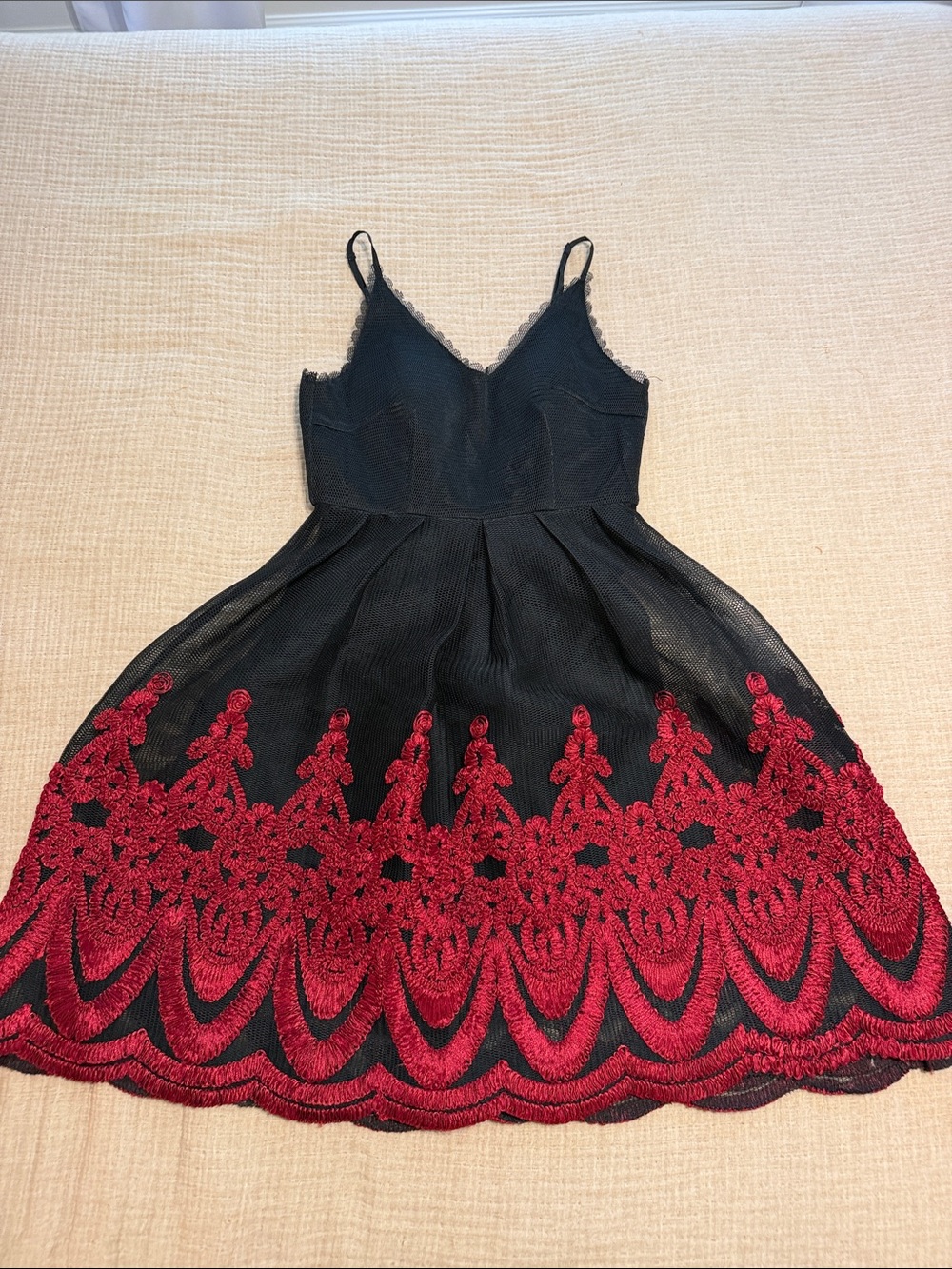 Girls Black Dress with Red Embroidered Hem - Formal Party Dress